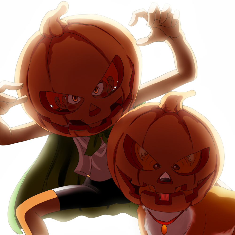 1990s_(style), 1girl, cape, collar, cowboy_bebop, dog, edward_wong_hau_pepelu_tivrusky_iv, ein_(cowboy_bebop), female_focus, ghost_(mausuman34), halloween, halloween_costume, jack-o'-lantern, mask, pumpkin, retro_artstyle, solo, welsh_corgi