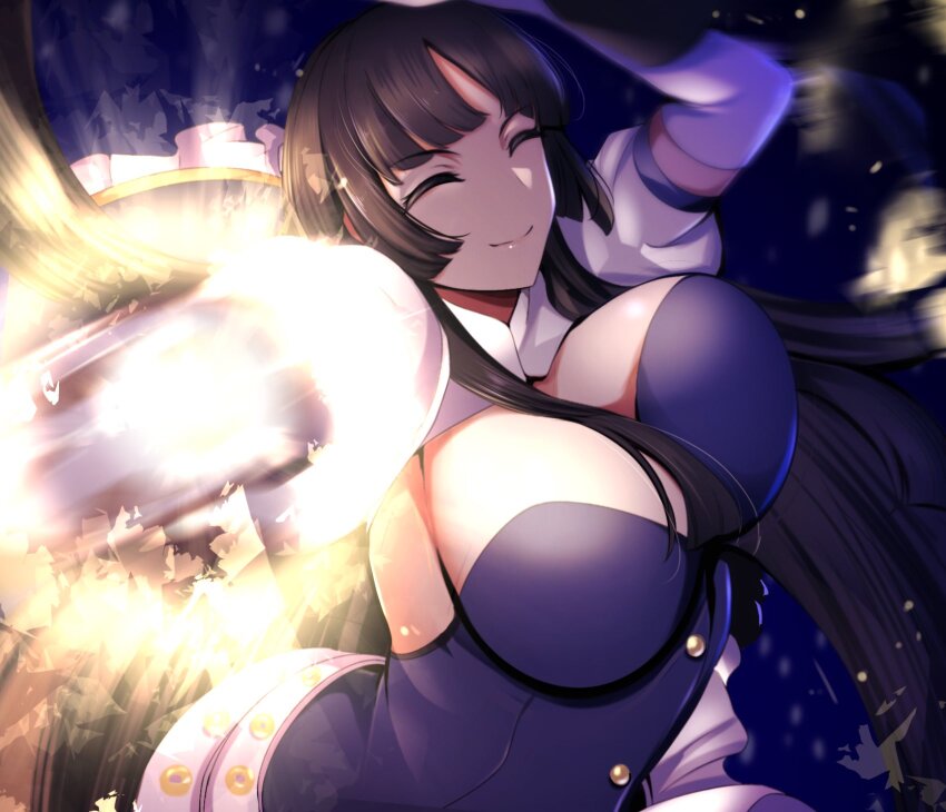 1girl, blunt_bangs, breasts, cleavage, closed_eyes, firing, gaien_(jin_morisono), gun