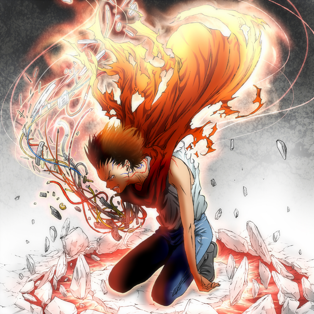 1980s_(style), 1boy, akira_(manga), black_hair, cable, cape, cyberpunk, cyborg