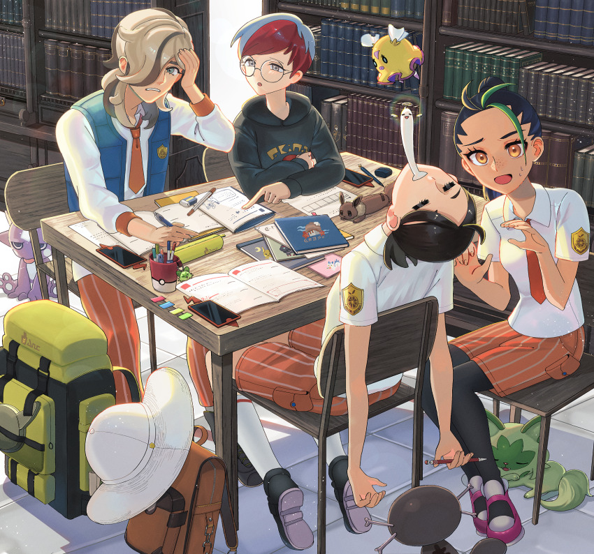 1boy, 3girls, arven_(pokemon), bag, black_hair, black_hoodie, black_pantyhose, book, chair, collared_shirt, commentary_request, cup, eyelashes, flittle, gen_8_pokemon, giving_up_the_ghost, green_hair, hat, highres, hood, hoodie, indoors, juliana_(pokemon), library, logo, lvetica, multicolored_hair, multiple_girls, necktie, nemona_(pokemon), nintendo, open_mouth, orange_eyes, orange_shorts, paldean_wooper, pantyhose, pen, penny_(pokemon), pointing, pokemon, pokemon_scarlet_and_violet, school_uniform, shirt, shoes, short_sleeves, shorts, sitting, sprigatito, table, toxel, two-tone_hair, unworn_bag, unworn_hat, unworn_headwear, white_shirt