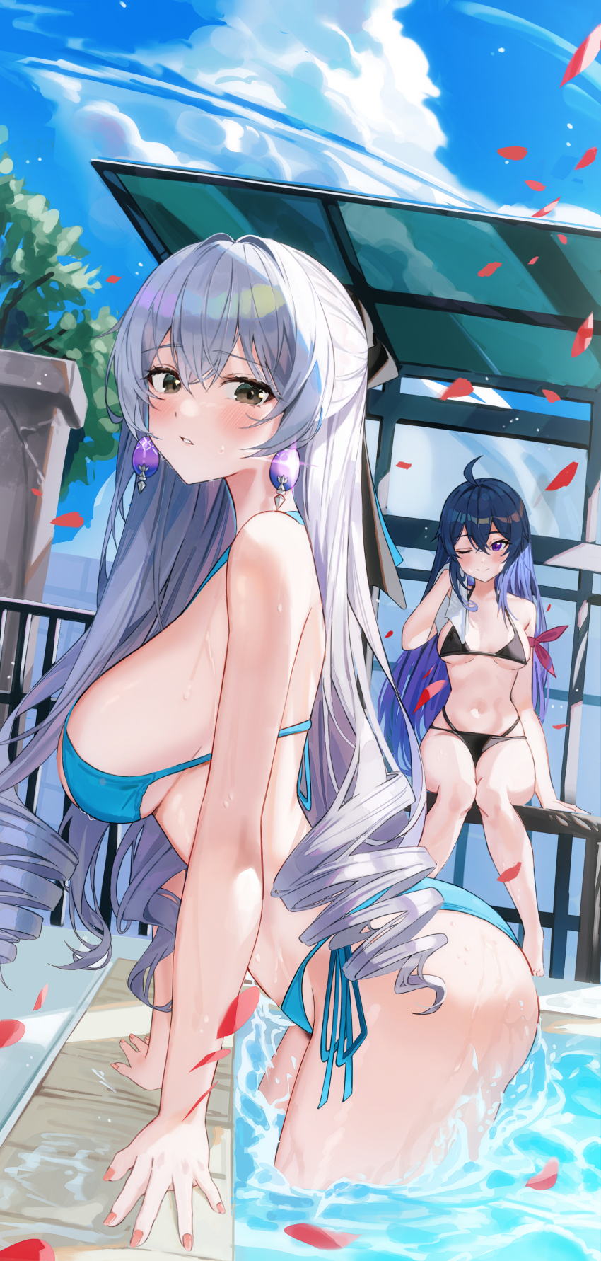 2girls, absurdres, ahoge, aqua_bikini, bare_shoulders, bikini, black_bikini, blue_hair, blush, breasts, bronya_rand, closed_mouth, drill_hair, earrings, grey_eyes, grey_hair, hair_between_eyes, highres, honkai:_star_rail, honkai_(series), jewelry, k.j., large_breasts, long_hair, looking_at_viewer, medium_breasts, multiple_girls, navel, one_eye_closed, purple_eyes, purple_hair, seele_(honkai:_star_rail), side-tie_bikini_bottom, sideboob, smile, swimsuit