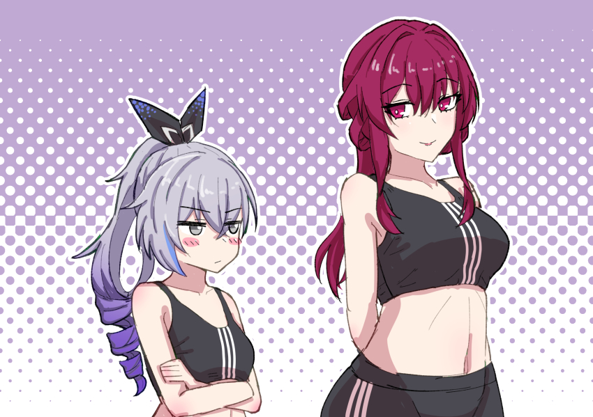 2girls, bare_shoulders, breasts, cheria, commentary_request, crop_top, crossed_arms, drill_hair, grey_eyes, grey_hair, highres, honkai:_star_rail, honkai_(series), jitome, kafka_(honkai:_star_rail), large_breasts, long_hair, medium_support_(meme), meme, midriff, multiple_girls, navel, ponytail, purple_background, purple_eyes, purple_hair, sidelocks, silver_wolf_(honkai:_star_rail), small_breasts, sports_bra, stomach, upper_body