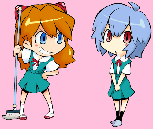2girls, ayanami_rei, blue_eyes, blue_hair, blush_stickers, broom, chibi, full_body