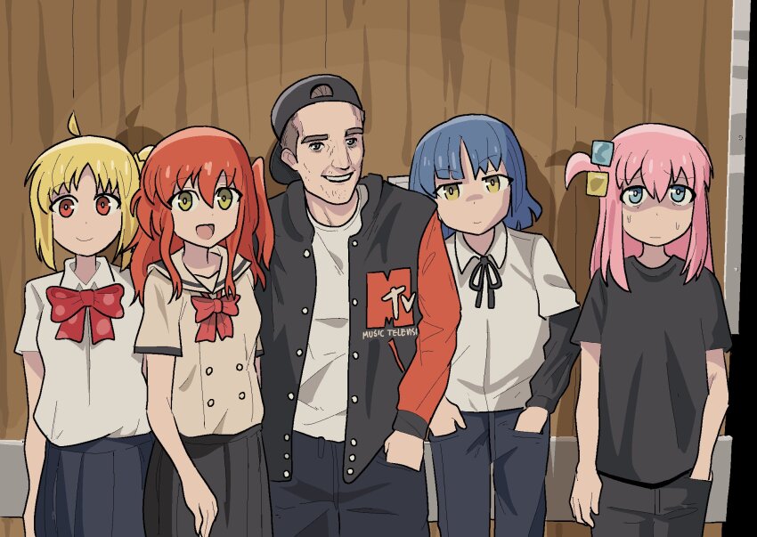 1boy, 4girls, :d, ahoge, backwards_hat, baseball_cap, black_headwear, black_jacket, black_pants, black_ribbon, black_skirt, blonde_hair, blue_eyes, blue_hair, blue_pants, blue_skirt, bocchi_the_rock!, bow, bowtie, brown_hair, closed_mouth, collared_shirt, cube_hair_ornament, death_grips, gotoh_hitori, grey_eyes, hair_between_eyes, hair_ornament, hand_in_pocket, hands_in_pockets, hat, highres, ijichi_nijika, jacket, kita_ikuyo, long_hair, long_sleeves, looking_at_viewer, mtv_logo, multiple_girls, neck_ribbon, one_side_up, open_clothes, open_jacket, open_mouth, pants, photo-referenced, pink_hair, polka_dot, polka_dot_bow, ponytail, psicochurroz, raglan_sleeves, real_life, red_bow, red_eyes, red_hair, red_sleeves, ribbon, robert_pattinson, sailor_collar, school_uniform, shimokitazawa_high_school_uniform, shirt, shirt_tucked_in, short_hair, short_sleeves, shuka_high_school_uniform, side_ponytail, skirt, smile, standing, sweat, thick_eyebrows, undershirt, white_shirt, wing_collar, wrinkled_skin, yamada_ryo, yellow_eyes