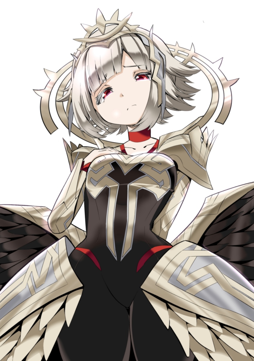 1girl, black_dress, black_wings, blunt_bangs, breasts, closed_mouth, collarbone, cowboy_shot, dress, fire_emblem, fire_emblem_heroes, grey_hair, hahe, highres, looking_at_viewer, nintendo, official_alternate_costume, official_alternate_hairstyle, red_eyes, short_hair, small_breasts, solo, tiara, veronica_(fire_emblem), veronica_(princess_rising)_(fire_emblem), white_background, wings