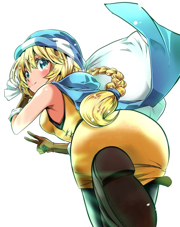 1girl, armpit_crease, ass, blonde_hair, blue_eyes, breasts, brown_gloves, dress