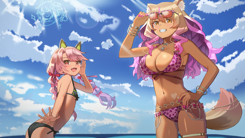 2girls, agejo_gyaru, animal_ears, bikini, black_bikini, bracelet, braid, breasts, brown_eyes, brown_hair, chloe_von_einzbern, chloe_von_einzbern_(swimsuit_avenger)_(second_ascension), fate/grand_order, fate_(series), flat_chest, fox_ears, fox_tail, gradient_background, gyaru, hand_on_own_hip, highres, jewelry, large_breasts, lens_flare, leopard_print, leopard_print_bikini, long_hair, motukan, multiple_girls, nail_polish, navel, okita_j._souji_(fate), okita_souji_(fate), pink_bikini, pink_hair, pink_nails, print_bikini, red_eyes, sunglasses, suzuka_gozen_(fate), suzuka_gozen_(swimsuit_rider)_(fate), suzuka_gozen_(swimsuit_rider)_(second_ascension)_(fate), swimsuit, tail, tan, twin_braids