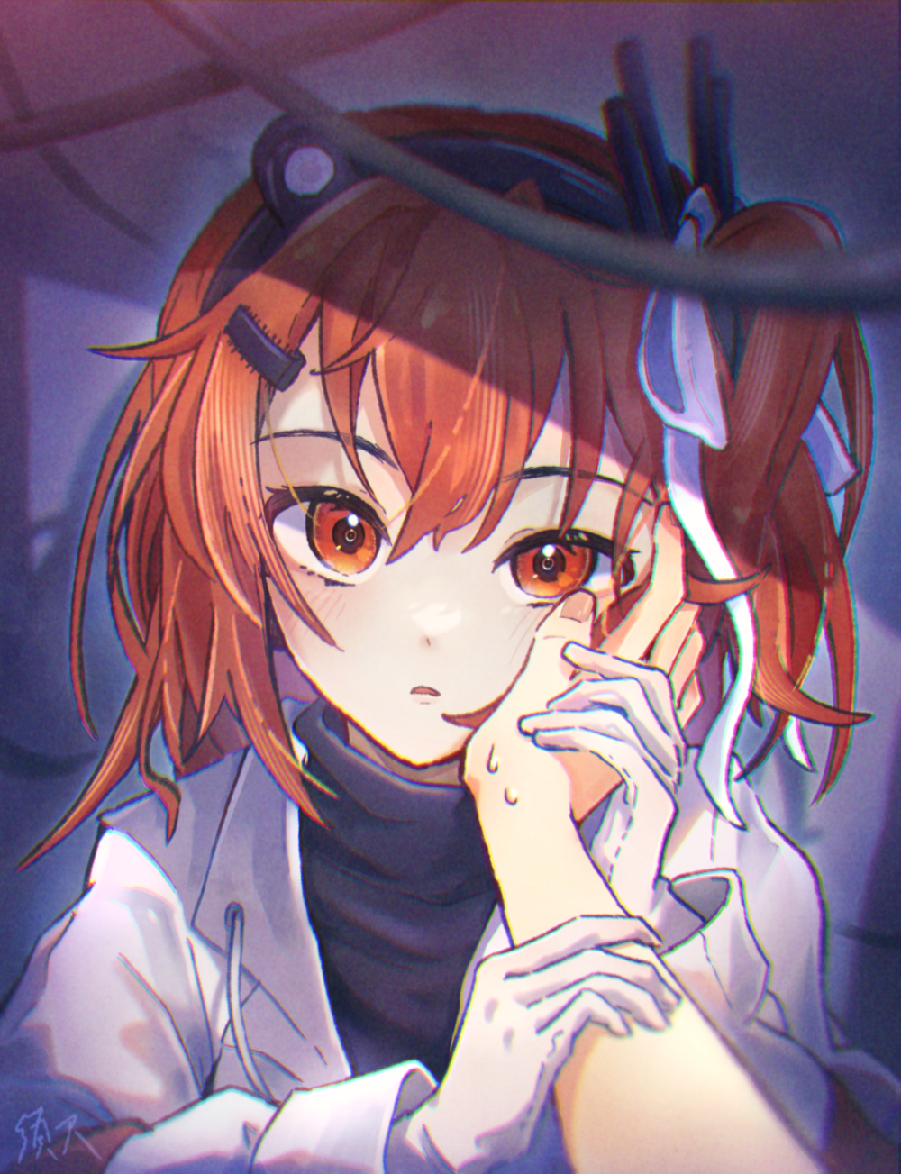 1girl, 1other, a.i._voice, adachi_rei, android, black_shirt, blurry, blurry_foreground, blush, cable, cheek_press, chromatic_aberration, commentary_request, depth_of_field, gloves, hair_ornament, hair_ribbon, hairclip, hand_on_another's_cheek, hand_on_another's_face, head_tilt, headlamp, highres, holding_another's_arm, jacket, lens_eye, long_hair, looking_at_viewer, nervous_sweating, one_side_up, open_clothes, open_jacket, orange_eyes, orange_hair, out_of_frame, parted_lips, pov, pov_hands, radio_antenna, ribbon, shirt, signature, solo_focus, suama_(haruichi), sweat, turtleneck, upper_body, utau, white_gloves, white_jacket, white_ribbon