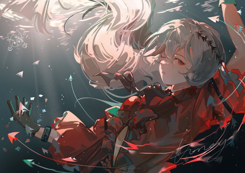 1girl, angelfish, arknights, ascot, black_ascot, black_gloves, clothing_cutout, commentary_request, dress, fish, gloves, hand_up, highres, infection_monitor_(arknights), koroy, long_hair, long_sleeves, looking_at_viewer, low-tied_long_hair, navel_cutout, missing_headwear, one_eye_closed, red_dress, red_eyes, skadi_(arknights), skadi_the_corrupting_heart_(arknights), solo, underwater, white_hair
