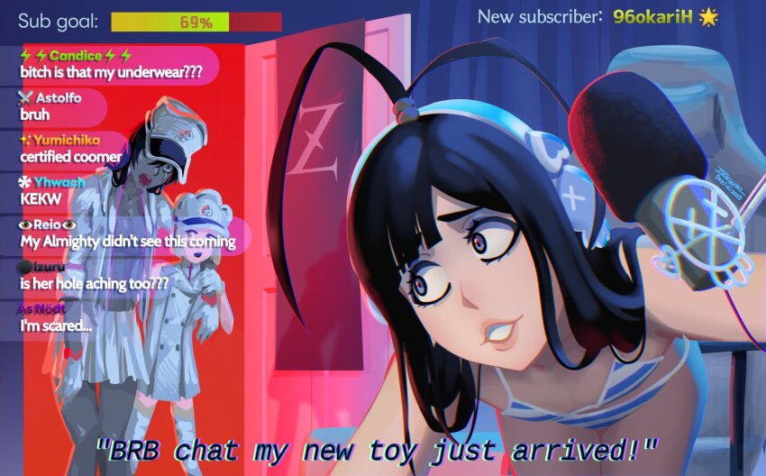 1boy, 2girls, androgynous, antenna_hair, bambietta_basterbine, bikini, black_hair, bleach, bleach:_sennen_kessen-hen, blonde_hair, breasts, chat_log, cleavage, english_text, ezekiel_(ez_is_bloo), fake_screenshot, fake_video, female_focus, flat_chest, giselle_gewelle, grey_eyes, hat, headphones, highres, jacket, liltotto_lamperd, livestream, long_hair, medium_breasts, microphone, military_hat, multiple_girls, short_hair, skirt, striped_bikini, striped_clothes, swimsuit, trap, unbuttoned, wandenreich, wandenreich_uniform, white_jacket, white_skirt, zombie, zombie_(bleach)