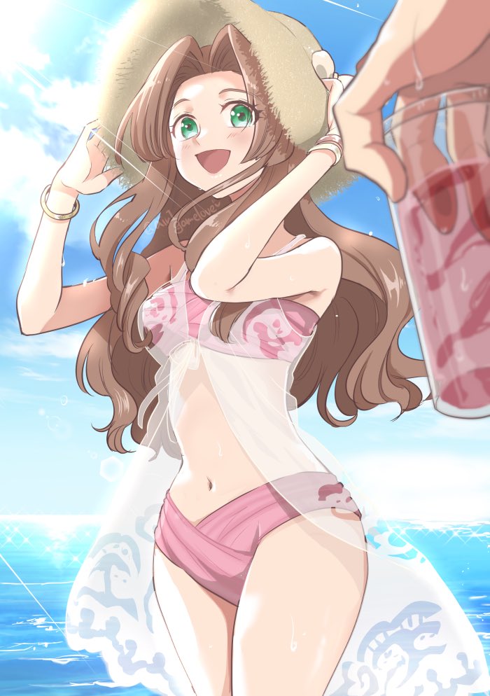 1girl, adjusting_clothes, adjusting_headwear, aerith_gainsborough, aerith_gainsborough_(sunny_robe), aozora_airu, beach, bikini, bracelet, brown_hair, costa_del_sol, final_fantasy, final_fantasy_vii, final_fantasy_vii:_ever_crisis, green_eyes, hat, jewelry, lens_flare, ocean, official_alternate_costume, open_mouth, pink_bikini, see-through_clothes, smile, solo_focus, straw_hat, sunlight, swimsuit, wet