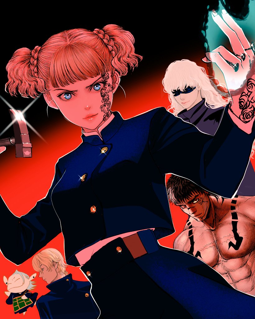 1girl, 4boys, berserk, black_background, black_hair, blonde_hair, blue_eyes, braid, braided_hair_rings, chest_tattoo, cosplay, crossover, elf, eyepatch, facial_tattoo, farnese_(berserk), fushiguro_megumi, fushiguro_megumi_(cosplay), geto_suguru_(cosplay), geto_suguru, gojo_satoru, gojo_satoru_(cosplay), griffith_(berserk), guts_(berserk), hair_rings, hammer, hand_tattoo, holding, holding_hammer, jewelry, jujutsu_kaisen, kugisaki_nobara, kugisaki_nobara_(cosplay), long_hair, looking_at_viewer, magic, multiple_boys, multiple_rings, muscular, muscular_male, nisino2222, pointy_ears, puck_(berserk), red_background, ring, ryoumen_sukuna_(jujutsu_kaisen), ryoumen_sukuna_(jujutsu_kaisen)_(cosplay), school_uniform, serpico_(berserk), short_hair, smile, smirk, tattoo, topless_male, twintails, two-tone_background, upper_body, v-shaped_eyebrows, white_hair