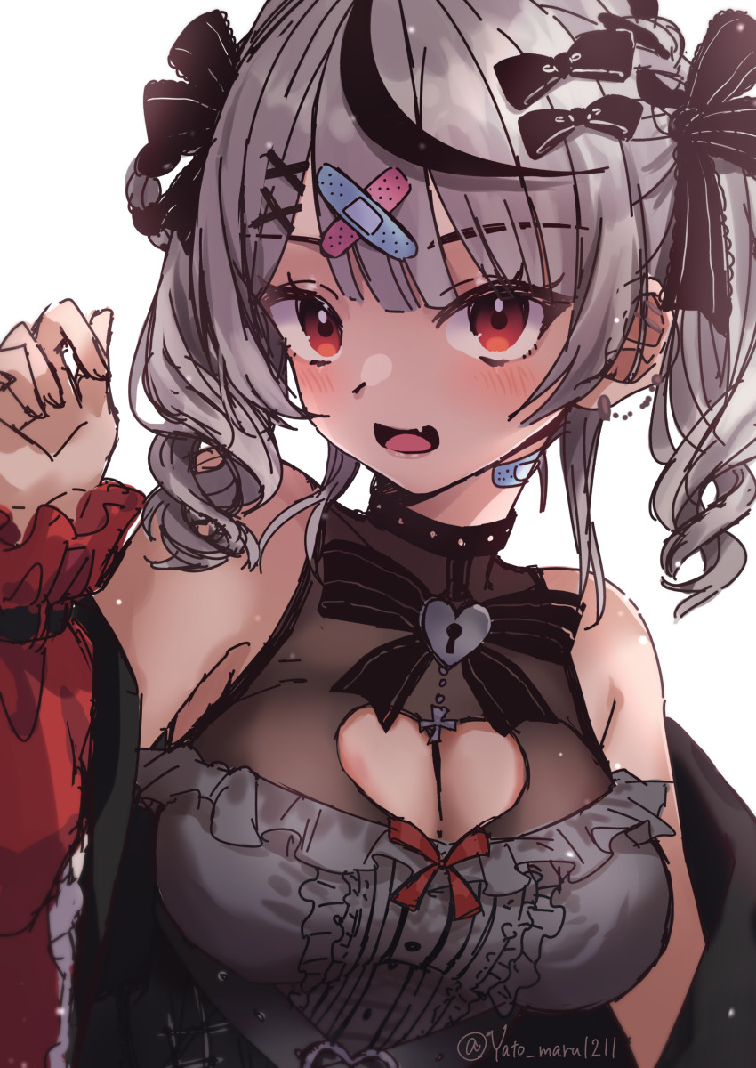 1girl, absurdres, bandaid, bandaid_hair_ornament, bandaid_on_neck, black_bow, black_coat, black_dress