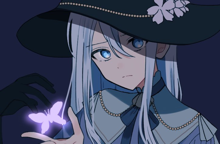 1girl, 1other, black_headwear, blue_eyes, blue_hair, bug, butterfly, closed_mouth