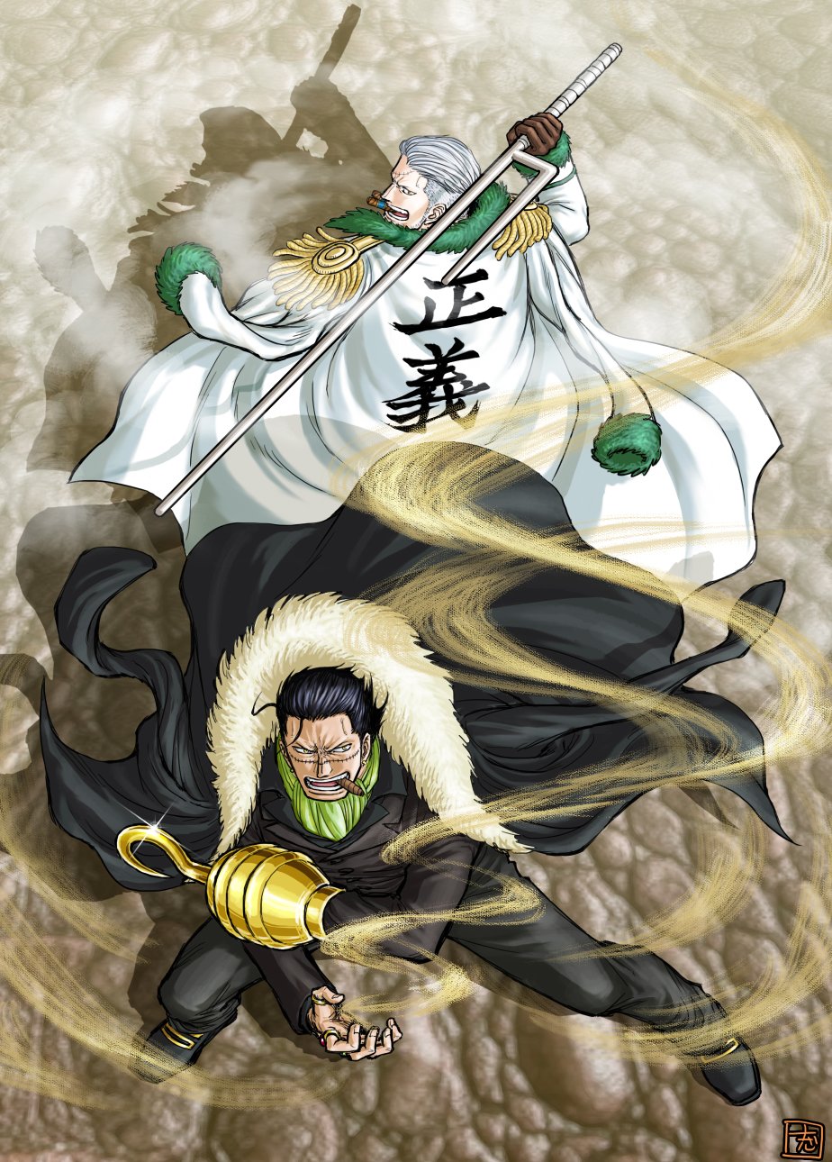 2boys, ascot, back-to-back, battle, black_hair, cigar, collared_shirt, crocodile_(one_piece), from_above, frown, full_body, geokinesis, hair_slicked_back, highres, holding, holding_weapon, hook_hand, kokorozashi, legs_apart, looking_back, male_focus, marine_uniform_(one_piece), mature_male, multiple_boys, one_piece, sand, scar, scar_on_face, scar_on_nose, serious, shirt, short_hair, smoke_manipulation, smoker_(one_piece), smoking, stitches, translation_request, undercut, weapon