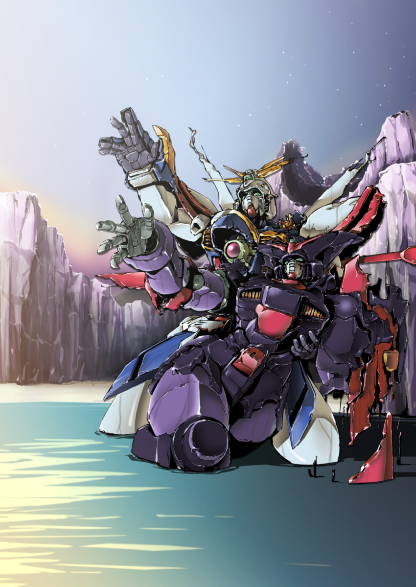 beach, damaged, dawn, g_gundam, god_gundam, gundam, highres, master_gundam