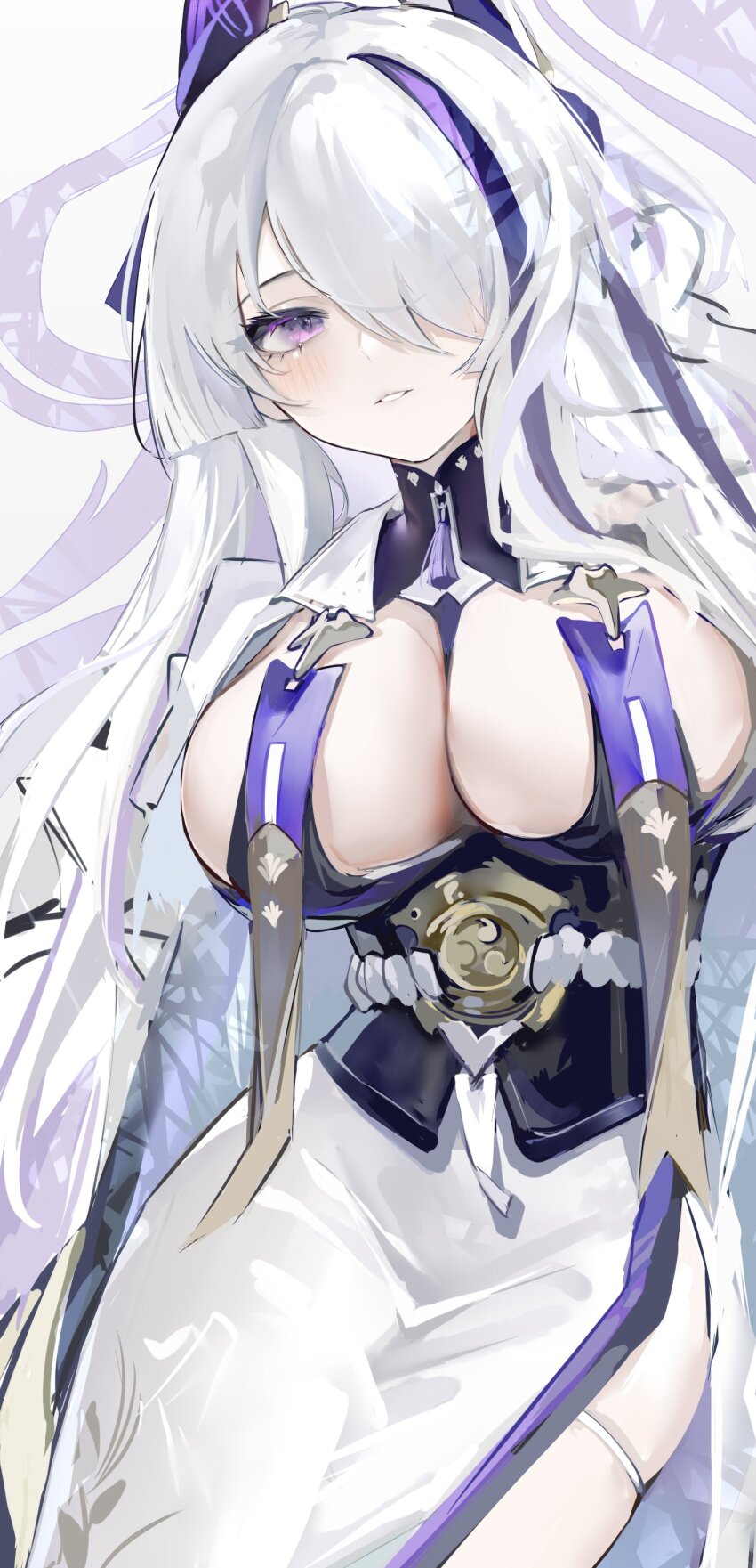 1girl, absurdres, azur_lane, blush, breast_curtains, breasts, cleavage, gelasi, hair_over_one_eye, highres, japanese_clothes, kimono, large_breasts, multicolored_hair, parted_lips, purple_eyes, purple_hair, simple_background, sketch, smile, solo, streaked_hair, thighhighs, unzen_(azur_lane), white_background, white_hair, white_kimono, white_thighhighs