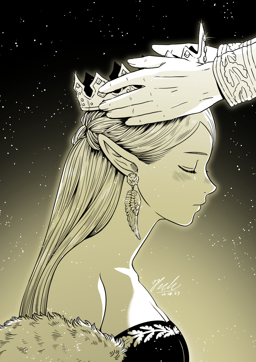 1girl, absurdres, animal_earrings, bare_shoulders, braid, breasts, cleavage, closed_eyes