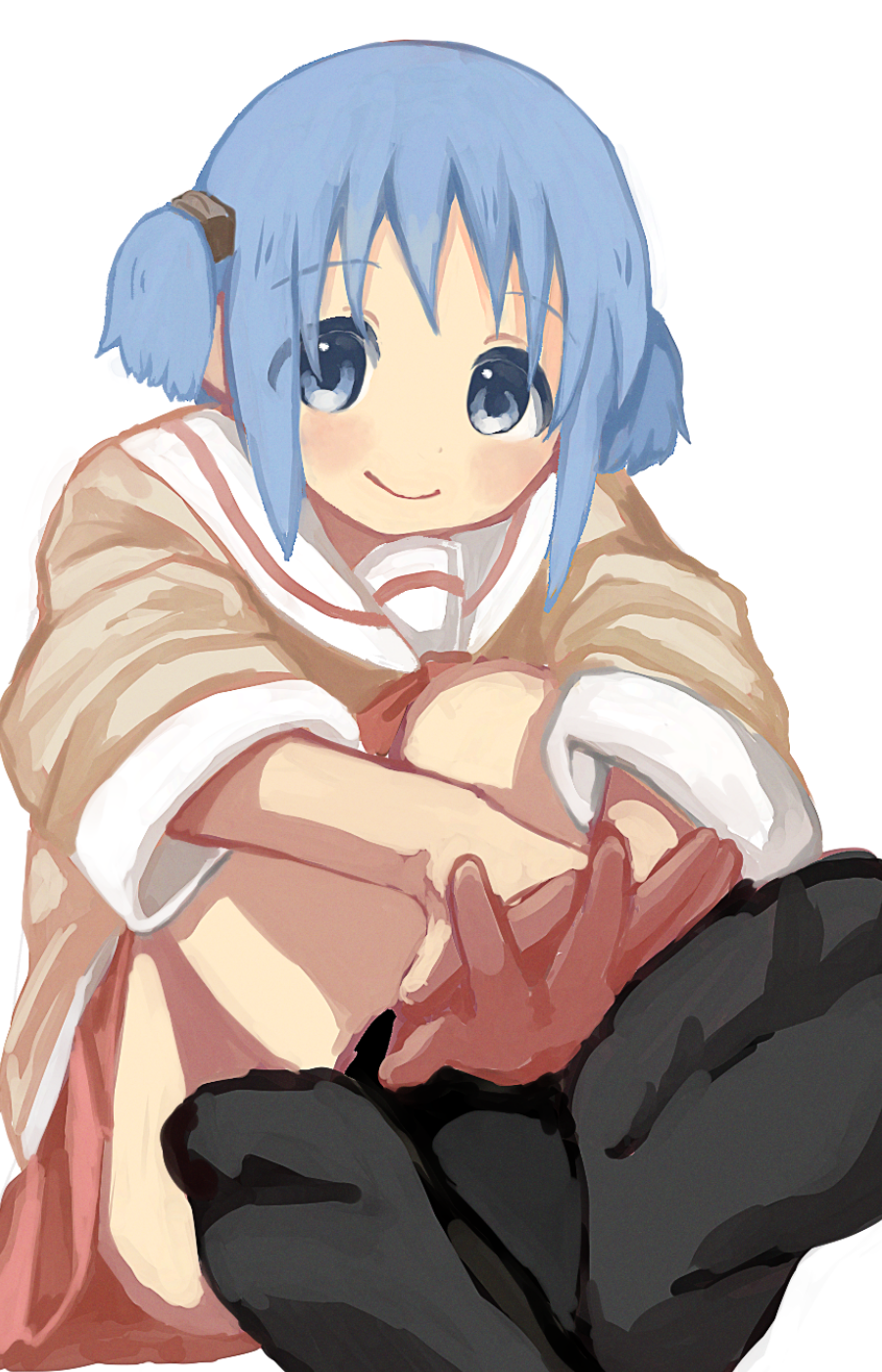 1girl, black_socks, blue_hair, blush, crossed_legs, cube_hair_ornament, feet, foot_focus, hair_ornament, hands_on_feet, highres, knees_to_chest, looking_at_viewer, naganohara_mio, naganoharamiomio, nichijou, school_uniform, short_twintails, smile, socks, soles, solo, tareme, tokisadame_school_uniform, twintails, white_background