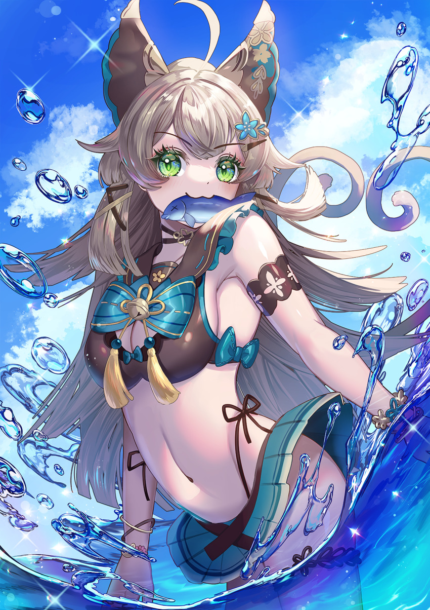 1girl, :3, arm_strap, bikini, black_bikini, black_bow, blue_skirt, blue_sky