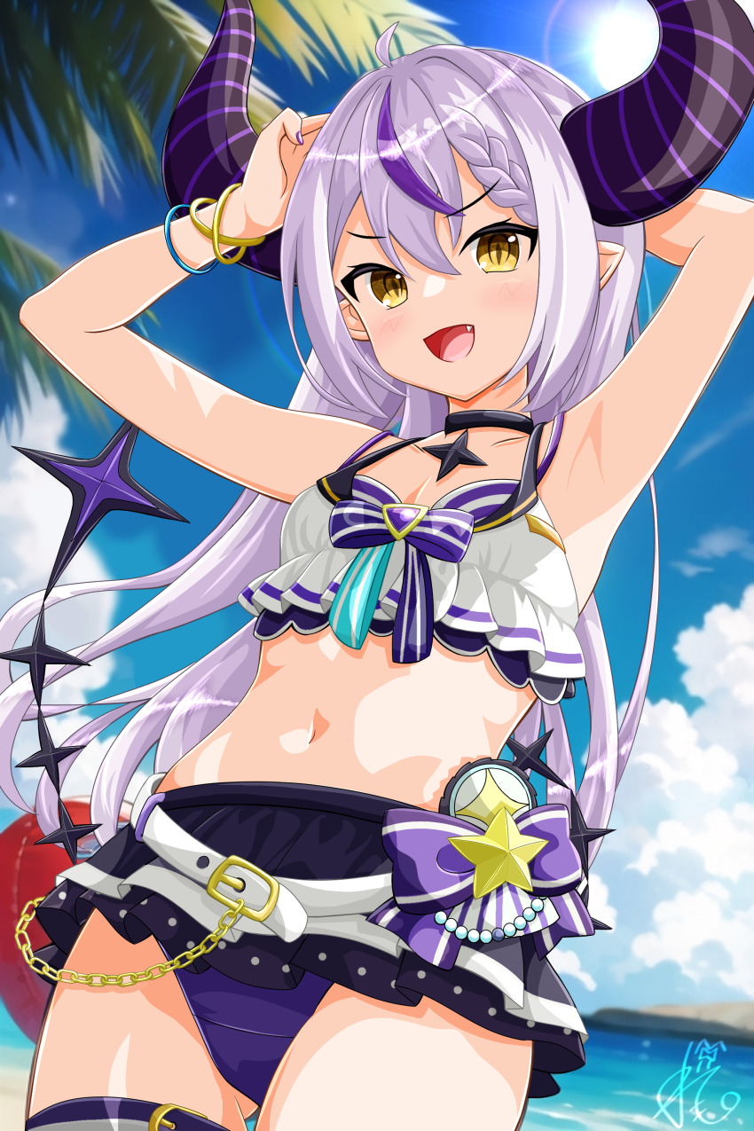 1girl, :d, absurdres, arm_behind_head, armpits, arms_up, bare_arms, bikini, bikini_skirt, bikini_under_clothes, black_choker, black_skirt, blue_sky, bracelet, breasts, choker, cleavage, collarbone, cowboy_shot, day, fang, gluteal_fold, grey_hair, highres, hololive, horns, jewelry, la+_darknesss, long_hair, microskirt, multicolored_hair, nail_polish, navel, open_mouth, outdoors, pleated_skirt, pointy_ears, purple_nails, remone, skirt, sky, slit_pupils, small_breasts, smile, solo, standing, streaked_hair, striped_bikini, striped_clothes, sun, swimsuit, virtual_youtuber, yellow_eyes