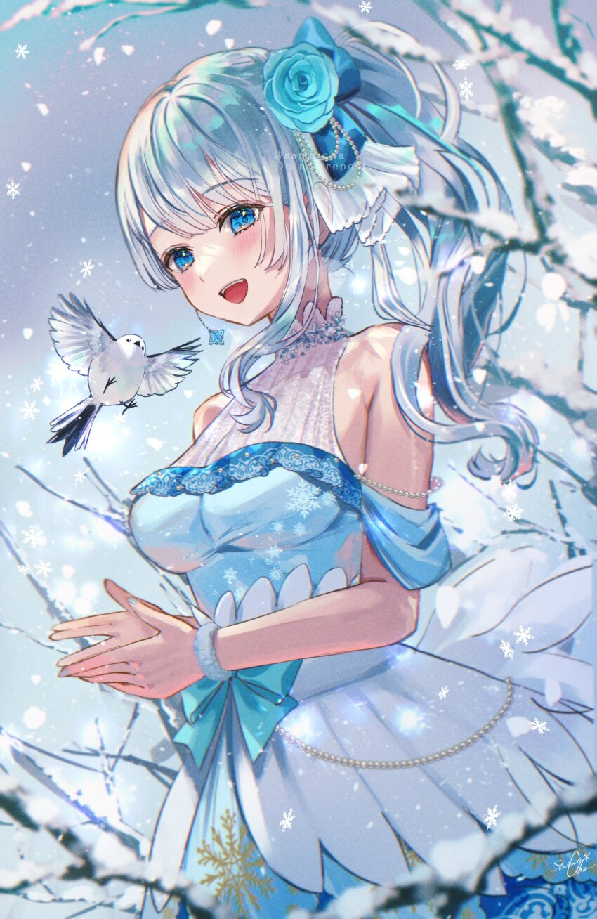 1girl, absurdres, bird, blue_dress, blue_eyes, blue_nails, blush, commission