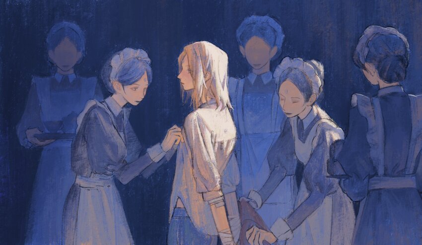 1other, 5girls, androgynous, apron, bandaged_arm, bandages, black_dress, black_hair