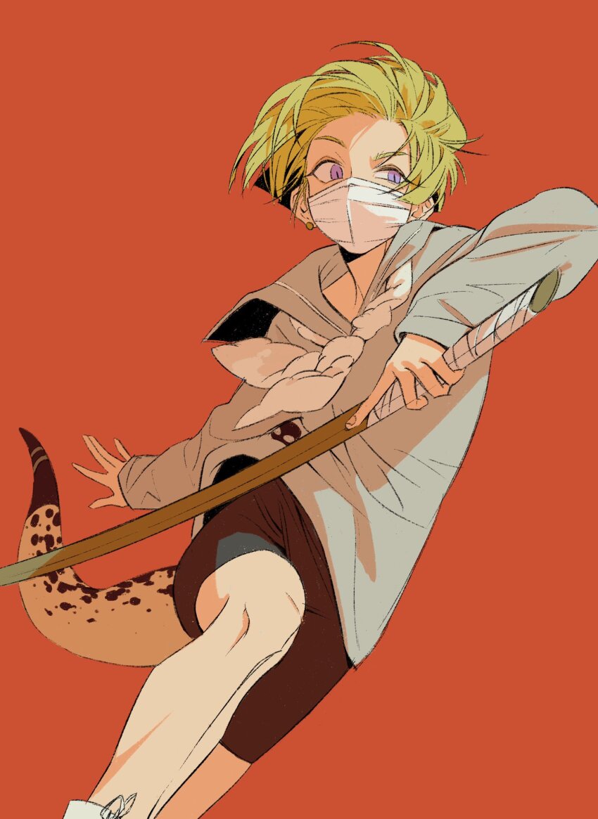 1girl, androgynous, black_shorts, blonde_hair, bokken, commentary, covered_mouth, delinquent