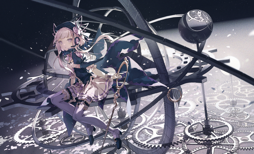 1girl, arcaea, beret, boots, crescent, frilled_skirt, frills, gears, hat, headphones, highres, holding, holding_weapon, luna_(arcaea), mechari, pink_eyes, pink_hair, scissors, sitting, skirt, solo, thigh_boots, weapon, wrist_cuffs