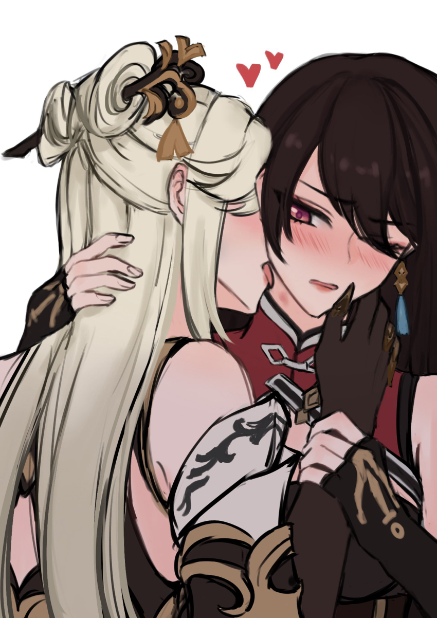 2girls, a_ai_ri, arm_grab, bare_shoulders, beidou_(genshin_impact), black_gloves, blonde_hair, blush