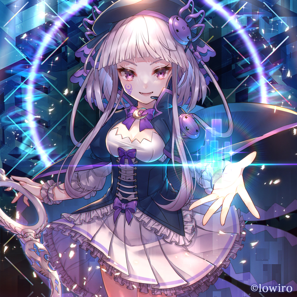 1girl, arcaea, beret, bow, bowtie, breasts, crescent, dress