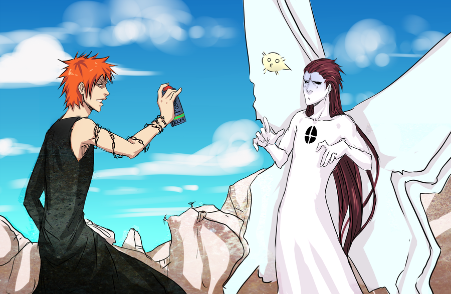2boys, aizen_sousuke, bad_deviantart_id, bad_id, bleach, chain, cloud, day, irony, kurosaki_ichigo, moni158, multiple_boys, orange_hair, spoilers, sword, torn_clothes, turn_pale, weapon