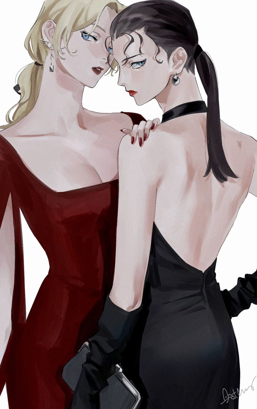 2girls, ass, atheko, backless_dress, backless_outfit, bare_back, bare_shoulders, black_gloves