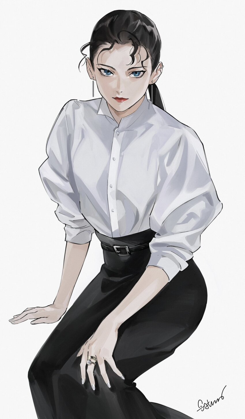 1girl, arm_support, atheko, belt, black_hair, black_nails, black_skirt, blue_eyes, closed_mouth, collared_shirt, dress_shirt, ear_piercing, earrings, feet_out_of_frame, hair_pulled_back, highres, invisible_chair, jewelry, long_hair, long_skirt, looking_at_viewer, meitantei_conan, mizunashi_rena, nail_polish, piercing, ponytail, puffy_sleeves, red_lips, ring, shirt, shirt_tucked_in, signature, simple_background, sitting, skirt, sleeves_pushed_up, smile, solo, three-quarter_sleeves, wavy_hair, white_background, white_shirt