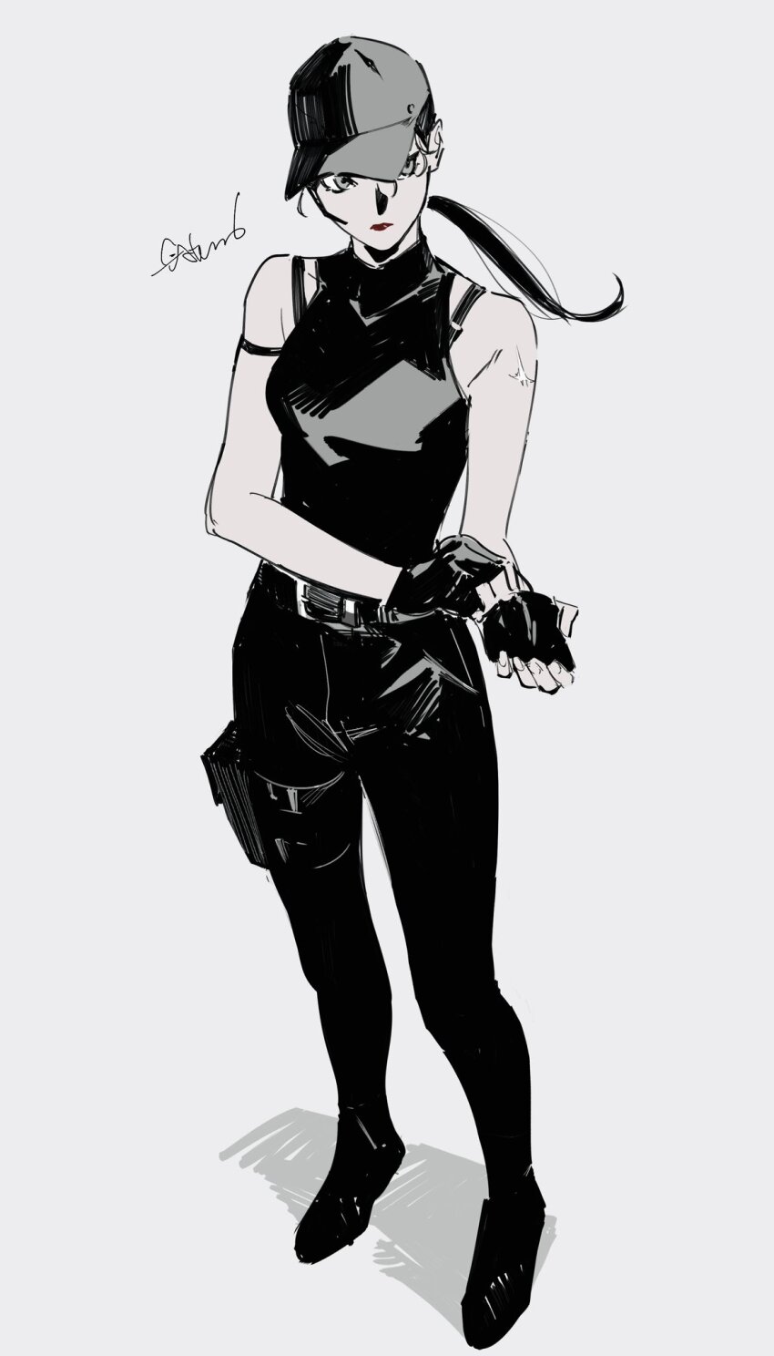 1girl, atheko, bare_shoulders, baseball_cap, belt, black_gloves, black_hair, black_hat