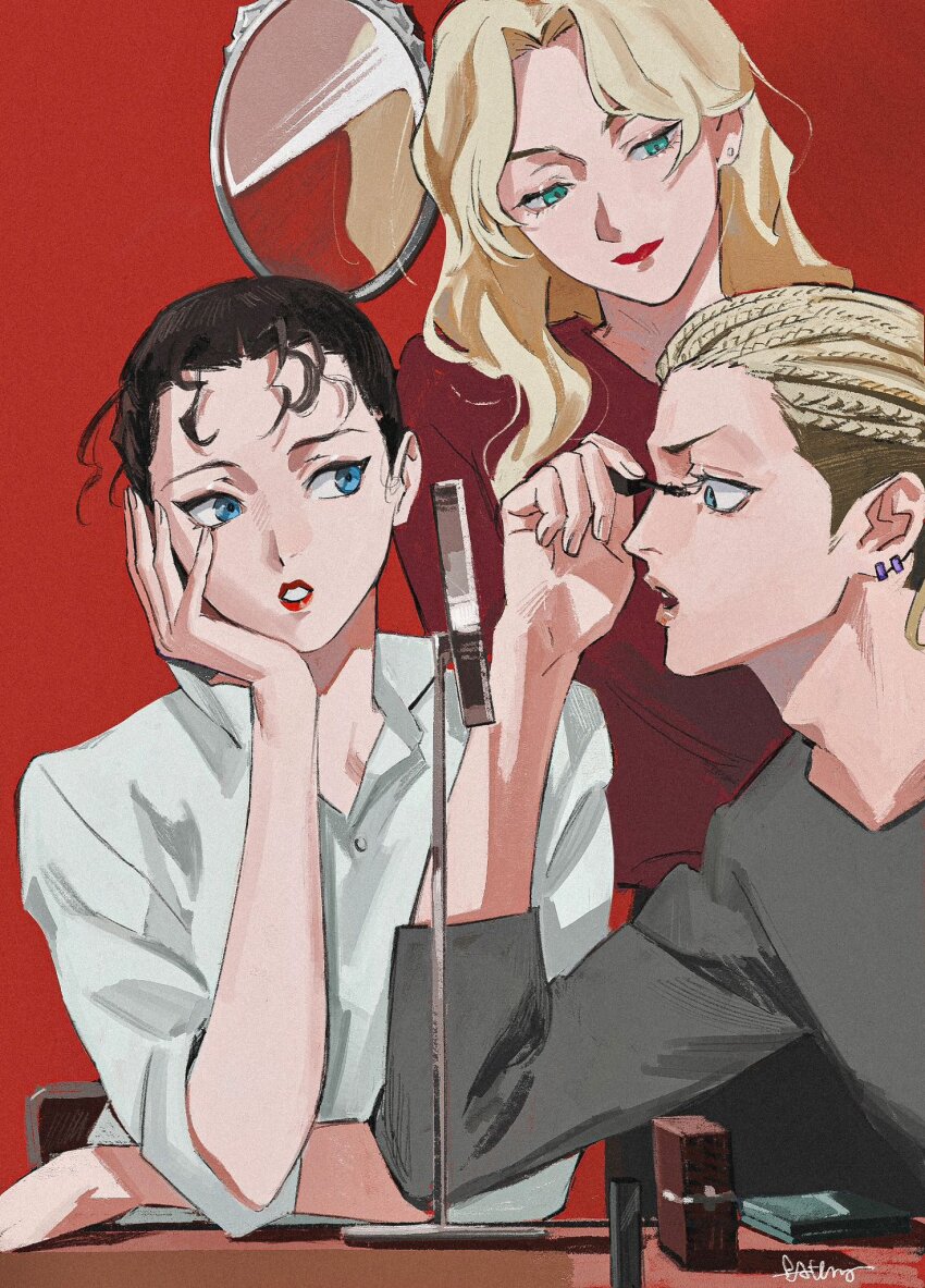 1boy, 2girls, adam's_apple, applying_makeup, aqua_eyes, atheko, black_hair, blonde_hair