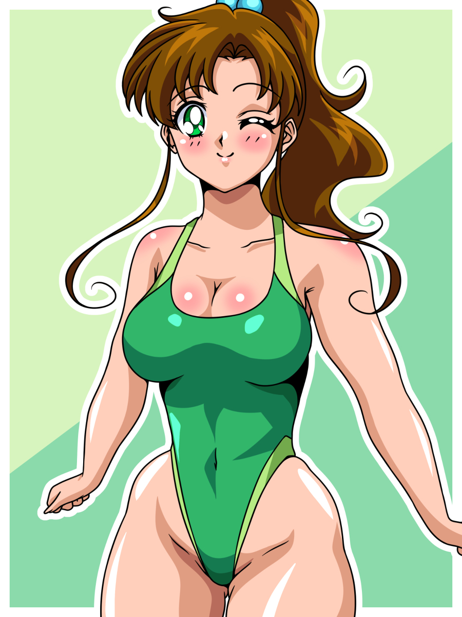 1girl, bare_shoulders, bishoujo_senshi_sailor_moon, blush, breasts, brown_hair, cleavage, competition_swimsuit