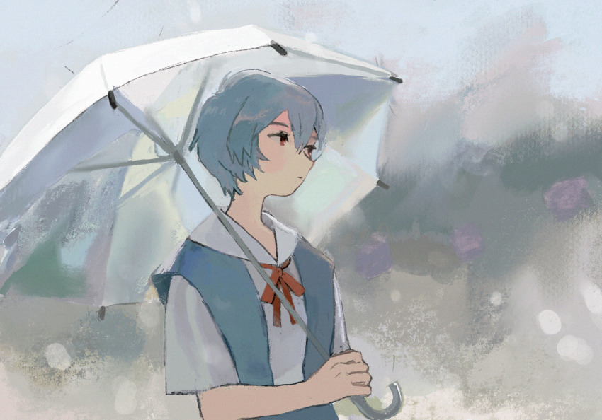 1girl, ayanami_rei, blue_hair, blurry, blurry_background, closed_mouth, expressionless, hair_between_eyes, highres, ketsuro, neon_genesis_evangelion, red_eyes, school_uniform, short_hair, skirt, solo, suspender_skirt, suspenders, tokyo-3_middle_school_uniform, umbrella