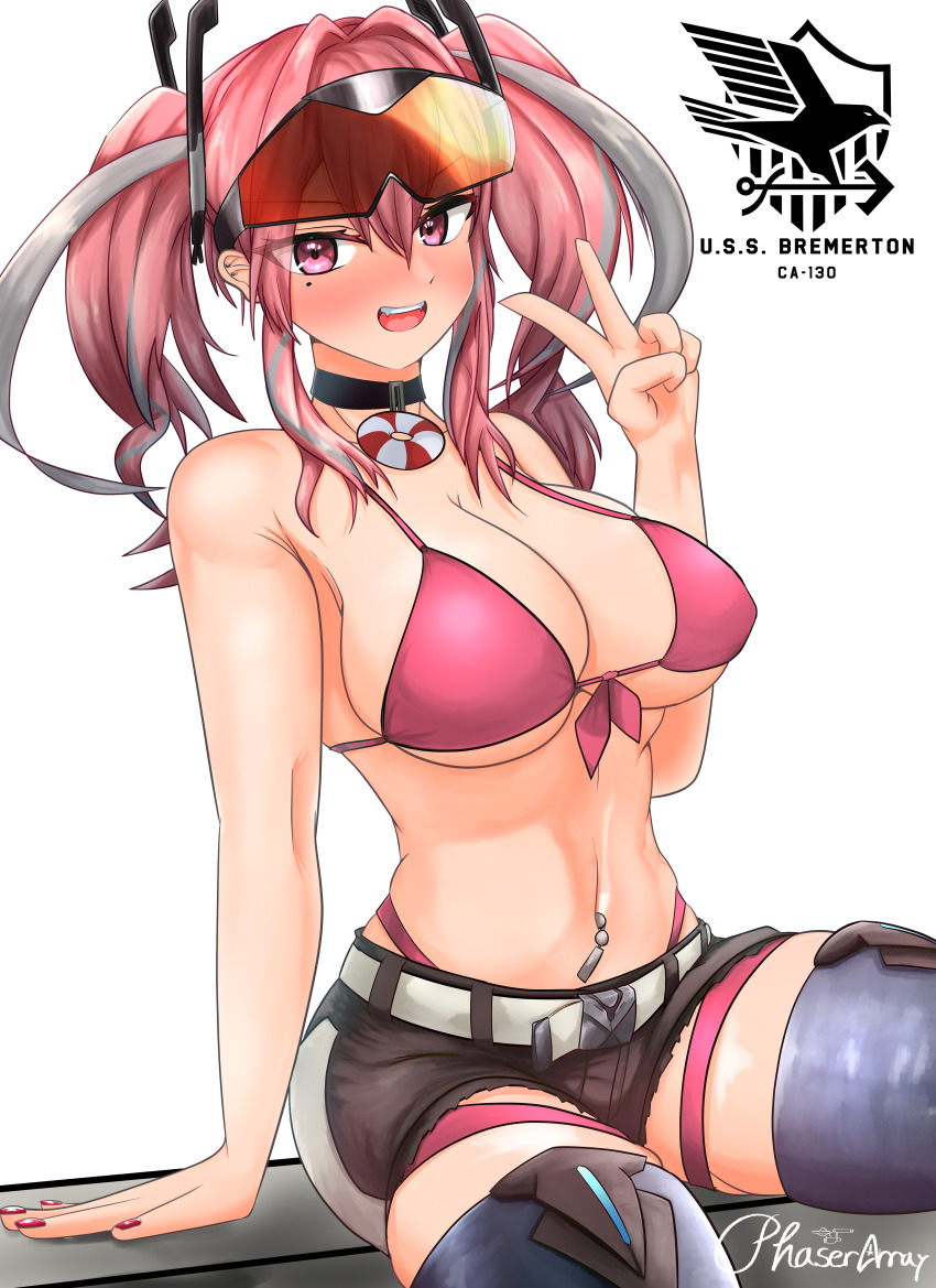 1girl, :d, absurdres, arm_support, aviator_sunglasses, azur_lane, bare_shoulders, belt, bikini, black_choker, black_shorts, blue_thighhighs, bracelet, breasts, bremerton_(azur_lane), character_name, choker, cleavage, commentary, covered_erect_nipples, cutoffs, eagle_union_(emblem), ear_piercing, eyewear_on_head, fangs, front-tie_bikini_top, front-tie_top, grey_belt, grey_hair, hair_between_eyes, hair_intakes, hair_ornament, highleg, highleg_bikini, highres, jewelry, large_breasts, lifebuoy_ornament, long_hair, looking_at_viewer, midriff, mole, mole_on_breast, mole_under_eye, multicolored_hair, navel, navel_piercing, no_shirt, open_mouth, phaser_array, piercing, pink_bikini, pink_eyes, pink_hair, pink_nails, red-tinted_eyewear, short_shorts, shorts, sidelocks, signature, simple_background, sitting, skindentation, smile, solo, streaked_hair, sunglasses, swimsuit, teeth, thigh_strap, thighhighs, tinted_eyewear, twintails, two-tone_hair, upper_teeth_only, v, white_background