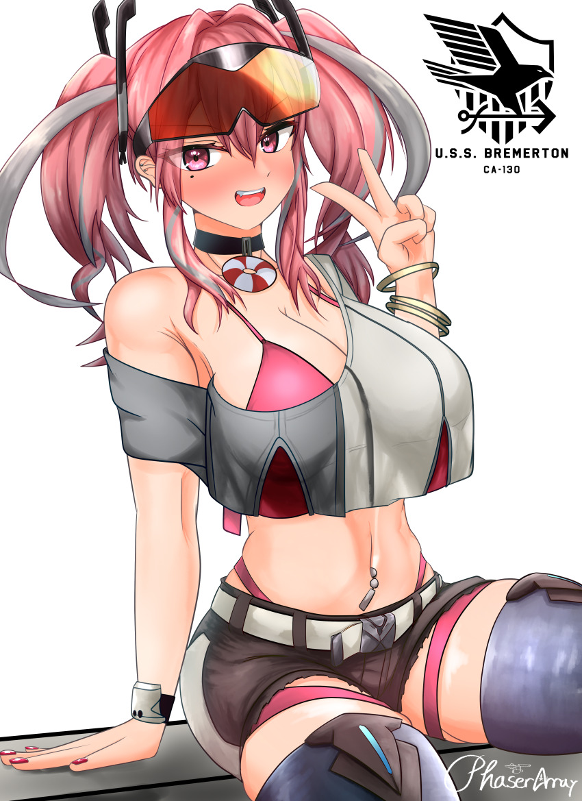 1girl, :d, absurdres, arm_support, aviator_sunglasses, azur_lane, belt, bikini