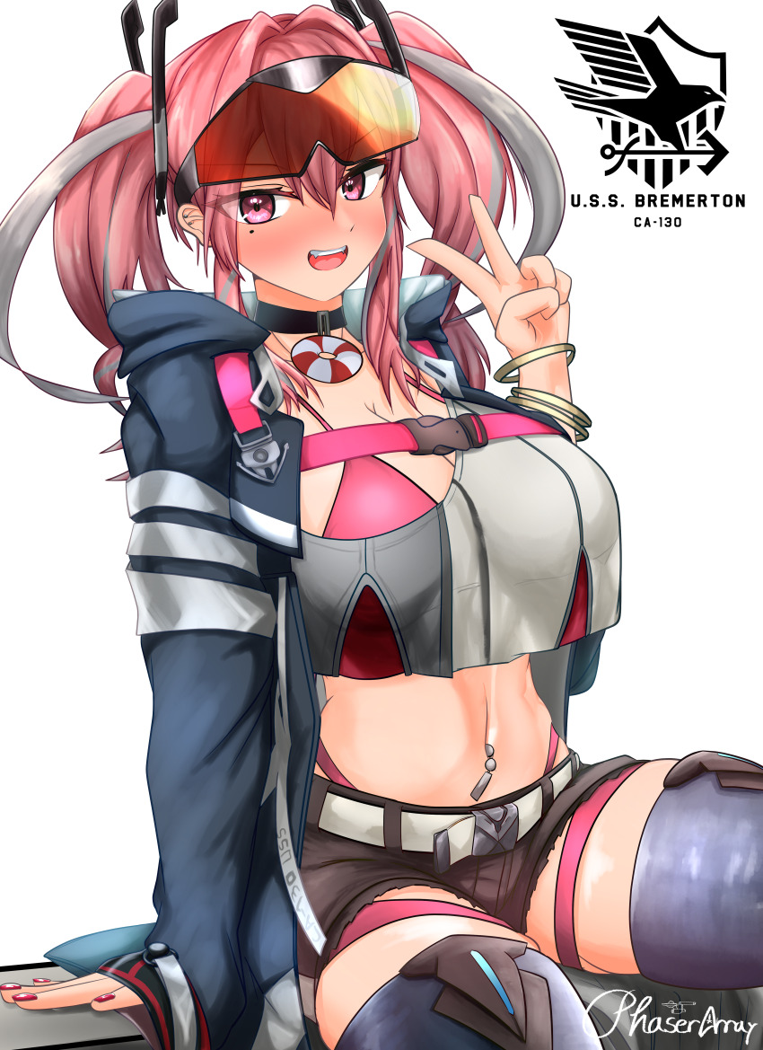 1girl, :d, absurdres, arm_support, aviator_sunglasses, azur_lane, belt, bikini, bikini_under_clothes, black_choker, black_shorts, blue_coat, blue_thighhighs, bracelet, breasts, bremerton_(azur_lane), buckle, character_name, chest_belt, choker, cleavage, coat, commentary, crop_top, crop_top_overhang, cutoffs, eagle_union_(emblem), ear_piercing, eyewear_on_head, fangs, grey_belt, grey_hair, grey_shirt, hair_between_eyes, hair_intakes, hair_ornament, highleg, highleg_bikini, highres, hood, hood_down, hooded_coat, jewelry, large_breasts, lifebuoy_ornament, long_hair, long_sleeves, looking_at_viewer, midriff, mole, mole_on_breast, mole_under_eye, multicolored_hair, navel, navel_piercing, open_clothes, open_coat, open_mouth, phaser_array, piercing, pink_bikini, pink_eyes, pink_hair, pink_nails, red-tinted_eyewear, shirt, short_shorts, shorts, sidelocks, signature, simple_background, sitting, skindentation, smile, snap-fit_buckle, solo, streaked_hair, sunglasses, swimsuit, teeth, thigh_strap, thighhighs, tinted_eyewear, twintails, two-tone_hair, two-tone_shirt, upper_teeth_only, v, white_background