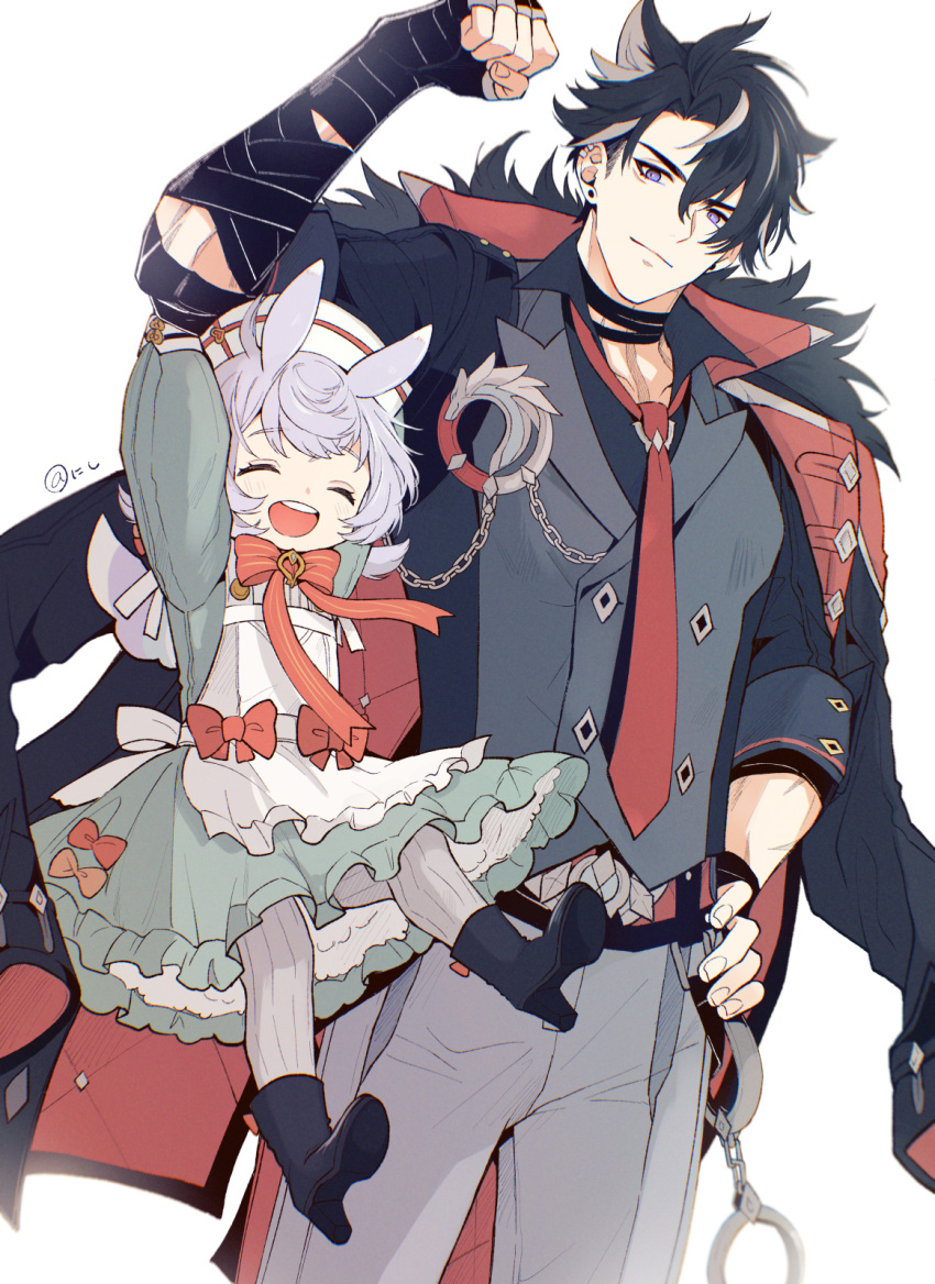 1boy, 1girl, :d, ^_^, animal_ears, apron, arm_up, arms_up