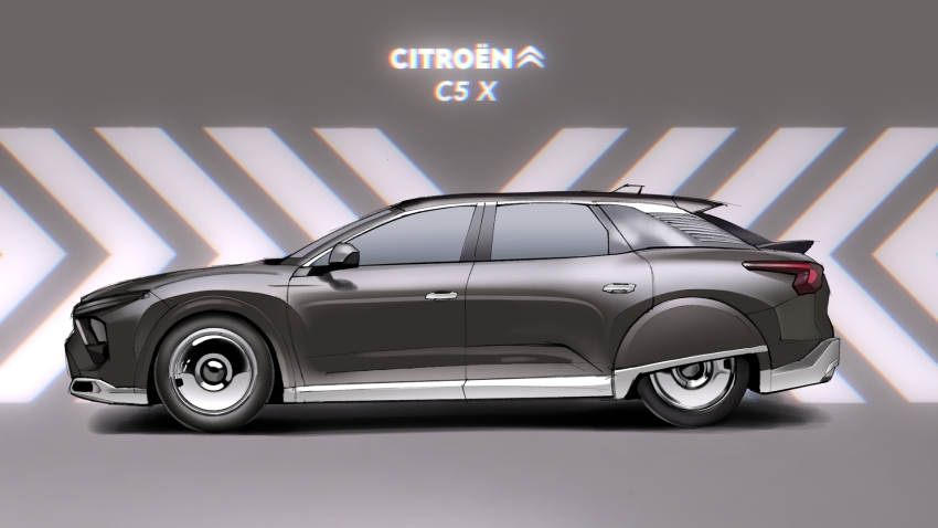 car, chromatic_aberration, citroen, citroen_c5_x, from_side, grey_background, highres, no_humans