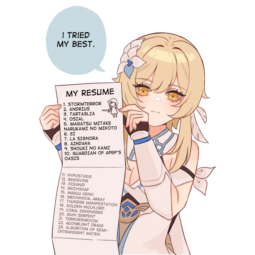 1girl, :|, amalwitche, blonde_hair, closed_mouth, commentary, dress, english_commentary, english_text, expressionless, flower, genshin_impact, hair_flower, hair_ornament, highres, holding, holding_paper, looking_at_viewer, lumine_(genshin_impact), paper, short_hair_with_long_locks, sidelocks, simple_background, solo, speech_bubble, upper_body, white_background, white_dress, white_flower, yellow_eyes