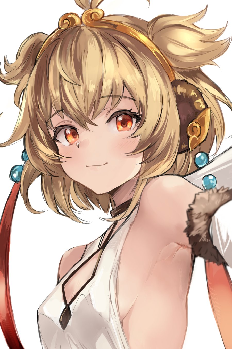 1girl, ahoge, andira_(granblue_fantasy), animal_ears, armpits, bare_shoulders, blush, breasts, brown_hair, cleavage_cutout, closed_mouth, clothing_cutout, detached_sleeves, granblue_fantasy, hairband, highres, looking_at_viewer, monkey_ears, monogrbl, orange_eyes, shirt, short_hair, sleeveless, sleeveless_shirt, small_breasts, smile, solo, two_side_up, upper_body, white_background, white_shirt