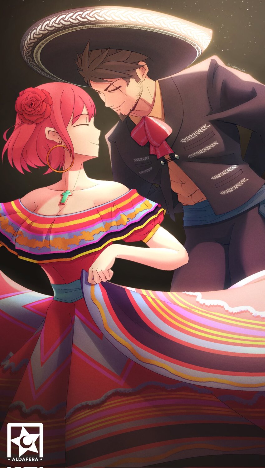 1boy, 1girl, aldafera_art, bare_shoulders, beard, black_headwear, black_pants, black_shirt