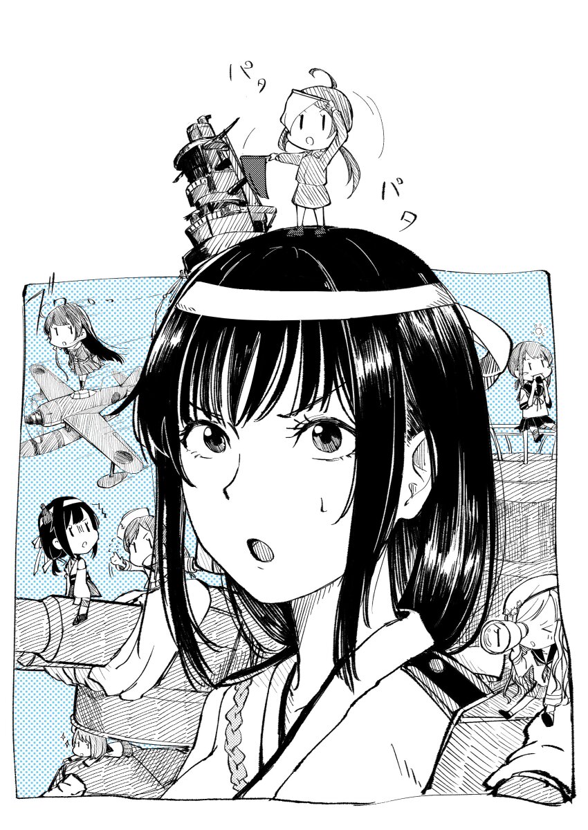 >_o, 6+girls, :o, absurdres, aircraft, chitosan, fairy_(kancolle), greyscale, hair_ornament, hat, headband, headgear, highres, holding, holding_telescope, japanese_clothes, kantai_collection, long_hair, monochrome, multiple_girls, on_head, one_eye_closed, open_mouth, ponytail, rigging, sailor_collar, school_uniform, serafuku, ship_turret, sitting, standing, sweat, telescope, yamashiro_(kancolle)