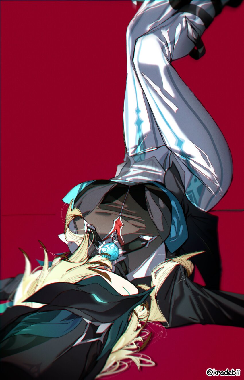 1girl, absurdres, alternate_costume, bird_mask, blonde_hair, fatui_agent_(genshin_impact), fatui_logo, genshin_impact