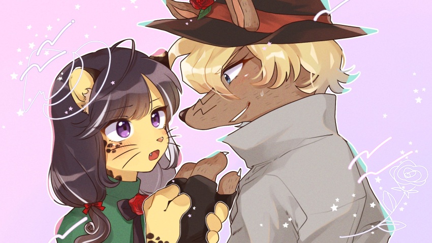 1boy, 1girl, black_hair, blonde_hair, blue_eyes, blush, bow, coat, fang, fingerless_gloves, flower, furry, furry_female, furry_male, gloves, grey_coat, hair_bow, hat, hat_flower, highres, holding_hands, jaguar_girl, kaiketsu_zorori, olive_(kaiketsu_zorori)_(rata_(norahasu)), open_mouth, original, pink_background, gaon_(kaiketsu_zorori), purple_eyes, rata_(norahasu), red_bow, red_flower, red_rose, rose, simple_background, sweatdrop, wolf_boy
