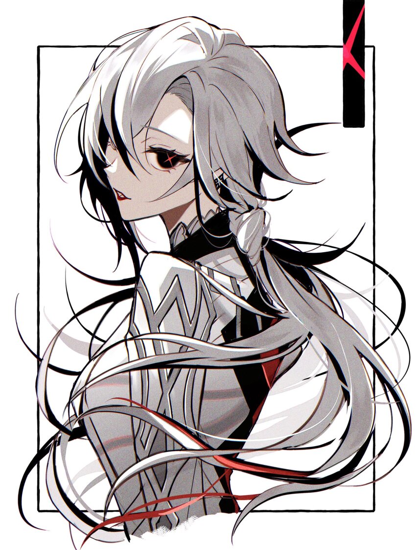 1girl, arlecchino_(genshin_impact), black_eyes, black_hair, breasts, cropped_torso, genshin_impact, hair_between_eyes